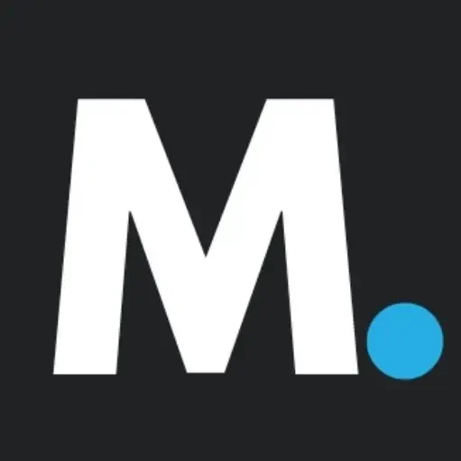A bold white capital letter "M" followed by a solid blue full stop on a dark grey background.